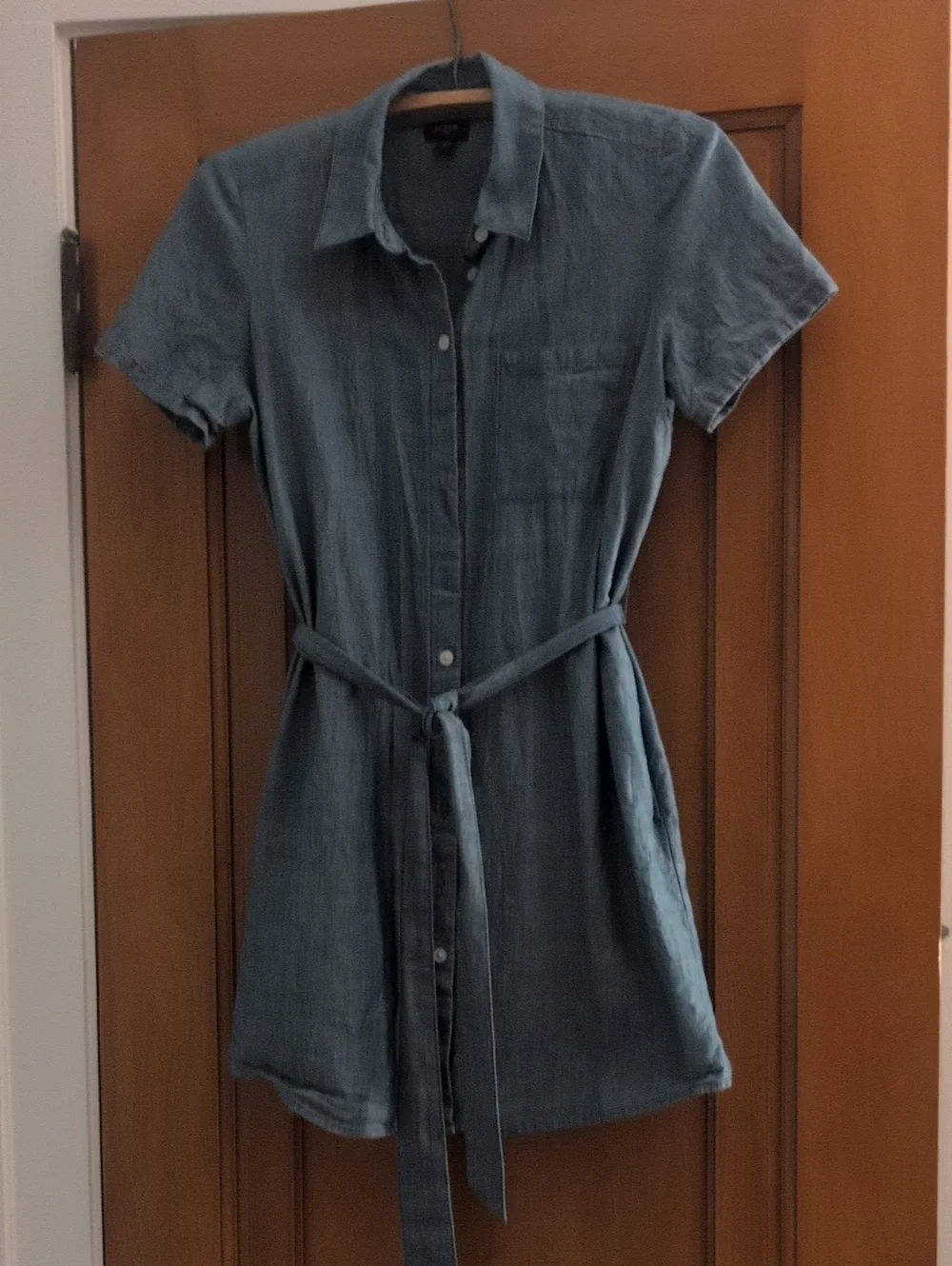 J. Crew Slate Blue Short-Sleeve Shirt Dress with Waist Tie